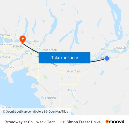 Broadway at Chilliwack Central Rd to Simon Fraser University map