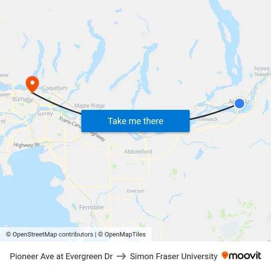 Pioneer Ave at Evergreen Dr to Simon Fraser University map