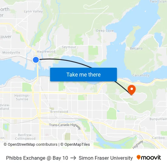Phibbs Exchange @ Bay 10 to Simon Fraser University map
