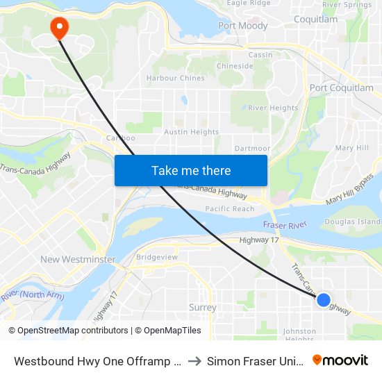 Westbound Hwy One Offramp @ 156 St to Simon Fraser University map