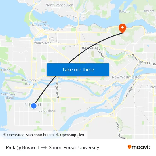 Park @ Buswell to Simon Fraser University map