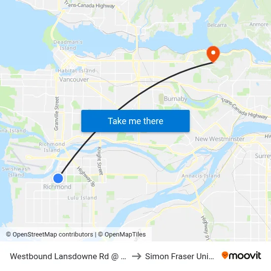 Westbound Lansdowne Rd @ No. 3 Rd to Simon Fraser University map