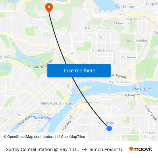 Surrey Central Station @ Bay 1 Unloading Only to Simon Fraser University map