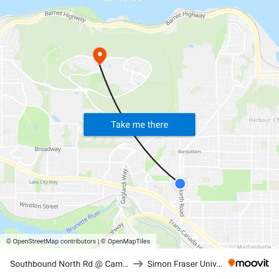 Southbound North Rd @ Cameron St to Simon Fraser University map