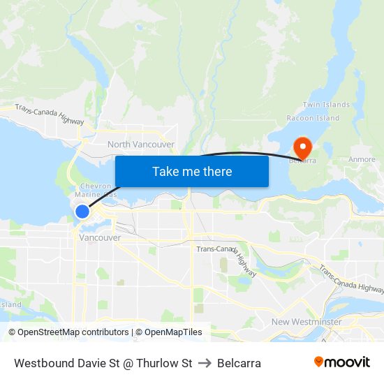 Westbound Davie St @ Thurlow St to Belcarra map