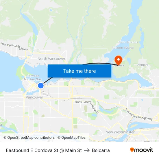 Eastbound E Cordova St @ Main St to Belcarra map