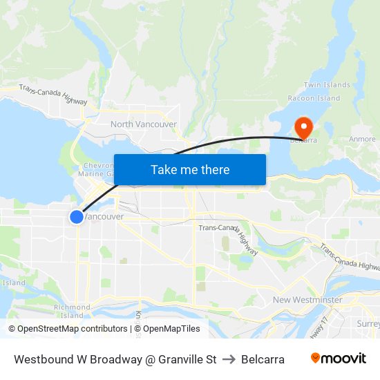 Westbound W Broadway @ Granville St to Belcarra map