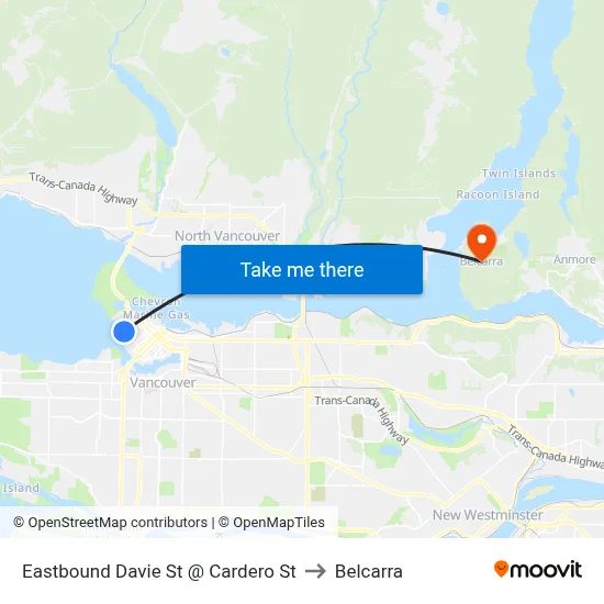 Eastbound Davie St @ Cardero St to Belcarra map