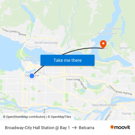 Broadway-City Hall Station @ Bay 1 to Belcarra map