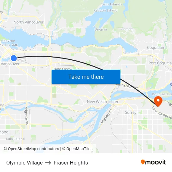 Olympic Village to Fraser Heights map
