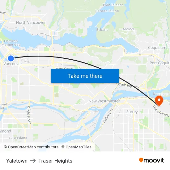 Yaletown to Fraser Heights map