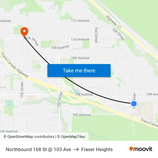 Northbound 168 St @ 103 Ave to Fraser Heights map