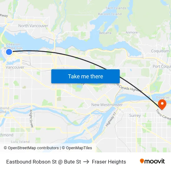 Eastbound Robson St @ Bute St to Fraser Heights map