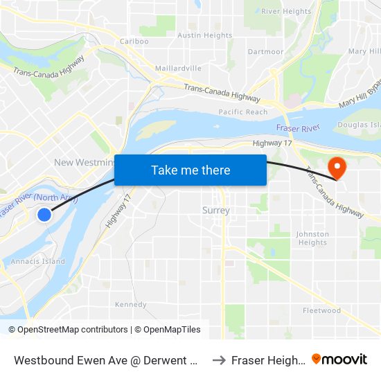 Westbound Ewen Ave @ Derwent Way to Fraser Heights map