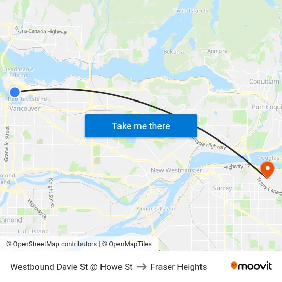 Westbound Davie St @ Howe St to Fraser Heights map