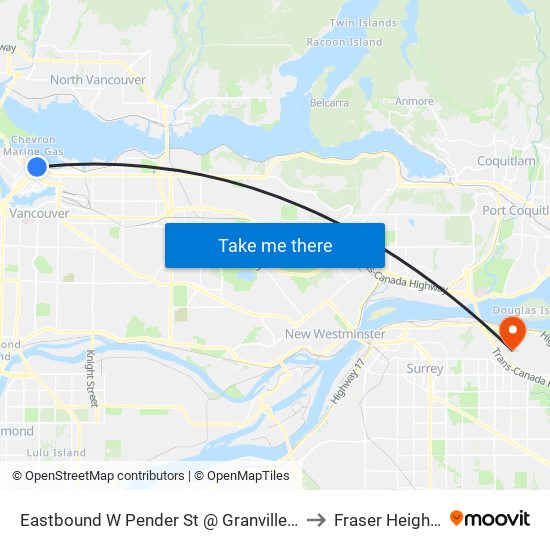 Eastbound W Pender St @ Granville St to Fraser Heights map