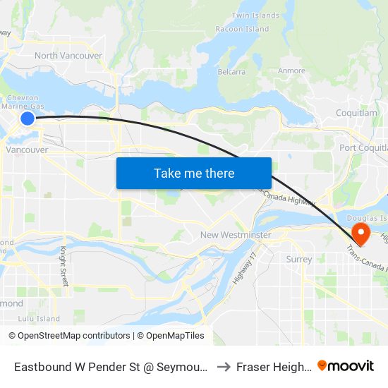 Eastbound W Pender St @ Seymour St to Fraser Heights map