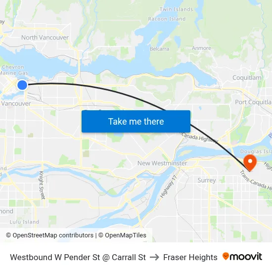 Westbound W Pender St @ Carrall St to Fraser Heights map