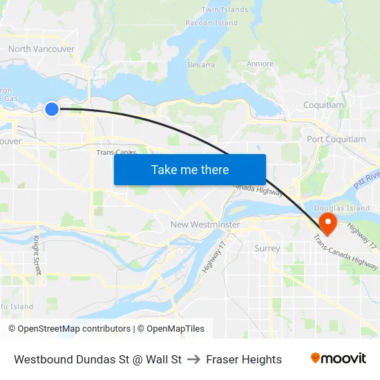 Westbound Dundas St @ Wall St to Fraser Heights map
