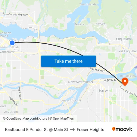Eastbound E Pender St @ Main St to Fraser Heights map