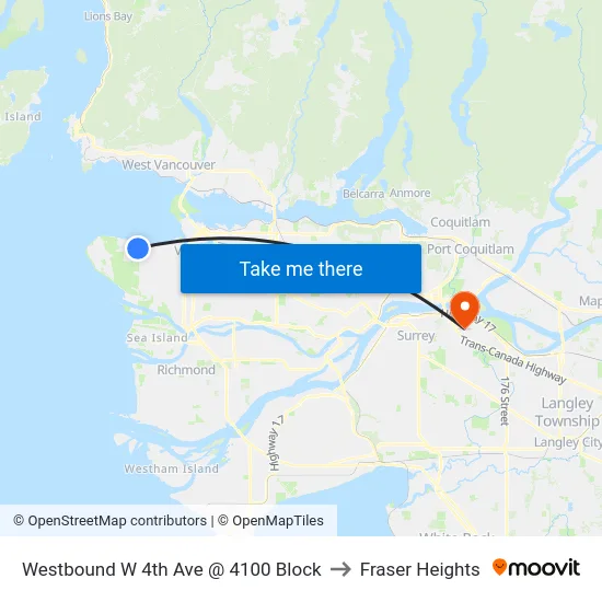 Westbound W 4th Ave @ 4100 Block to Fraser Heights map