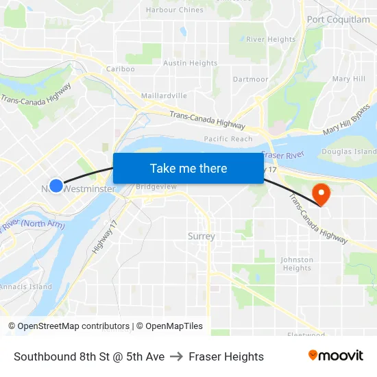 Southbound 8th St @ 5th Ave to Fraser Heights map