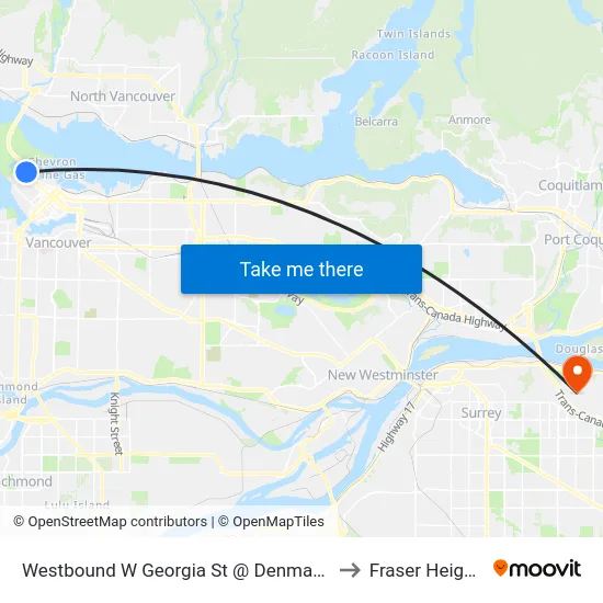 Westbound W Georgia St @ Denman St to Fraser Heights map