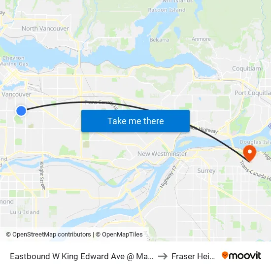 Eastbound W King Edward Ave @ Manitoba St to Fraser Heights map