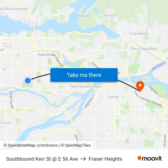 Southbound Kerr St @ E 56 Ave to Fraser Heights map