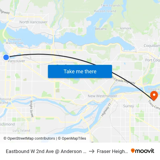 Eastbound W 2nd Ave @ Anderson St to Fraser Heights map
