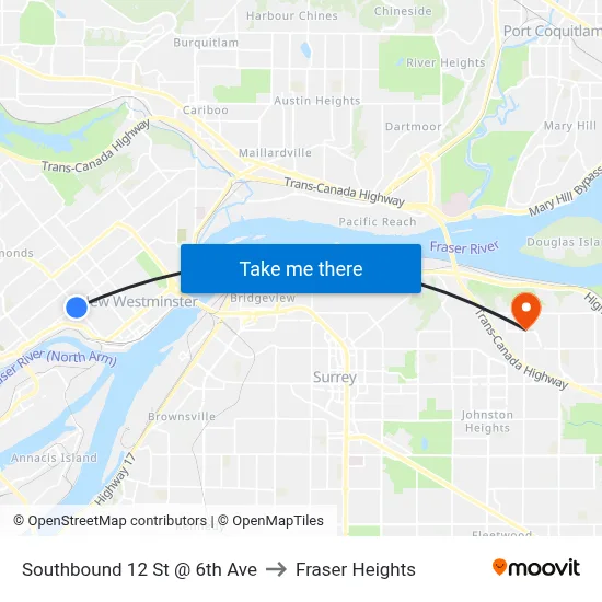 Southbound 12 St @ 6th Ave to Fraser Heights map