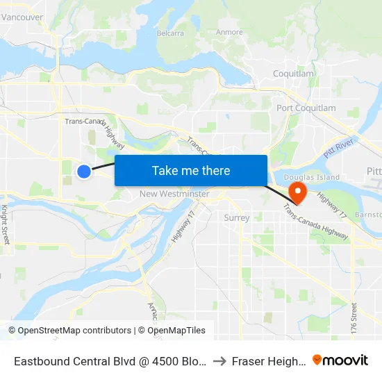 Eastbound Central Blvd @ 4500 Block to Fraser Heights map