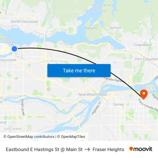 Eastbound E Hastings St @ Main St to Fraser Heights map