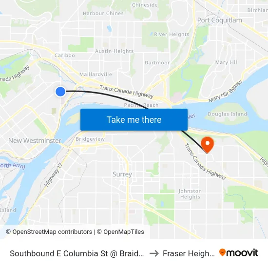 Southbound E Columbia St @ Braid St to Fraser Heights map