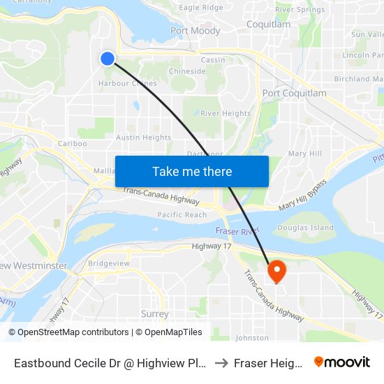 Eastbound Cecile Dr @ Highview Place to Fraser Heights map