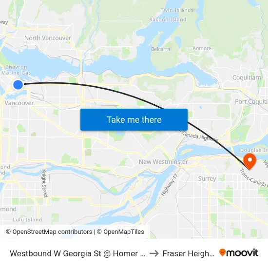Westbound W Georgia St @ Homer St to Fraser Heights map