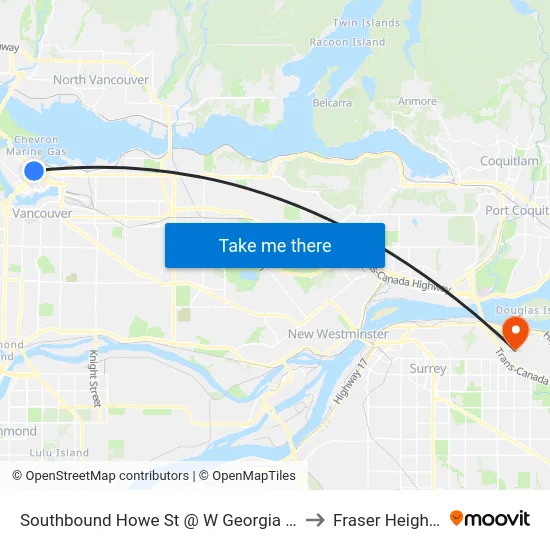 Southbound Howe St @ W Georgia St to Fraser Heights map