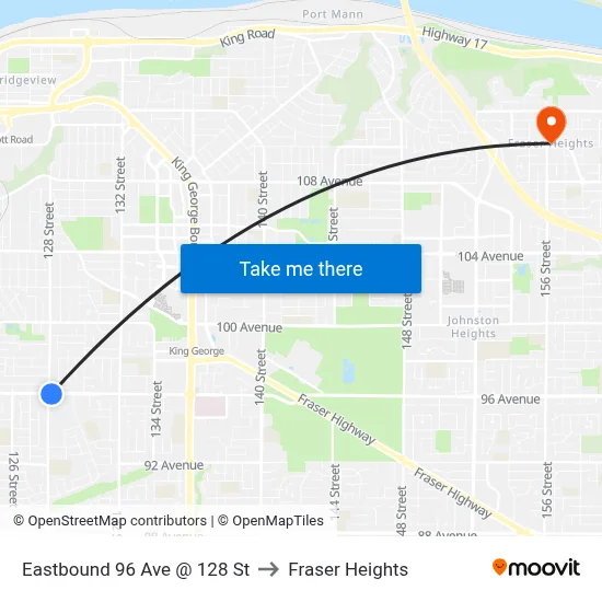 Eastbound 96 Ave @ 128 St to Fraser Heights map