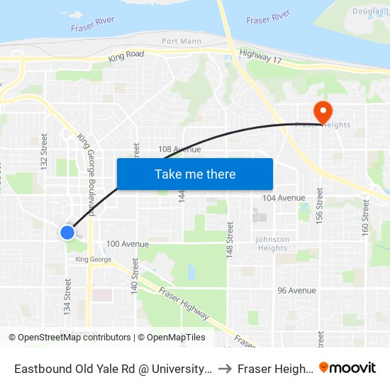 Eastbound Old Yale Rd @ University Dr to Fraser Heights map