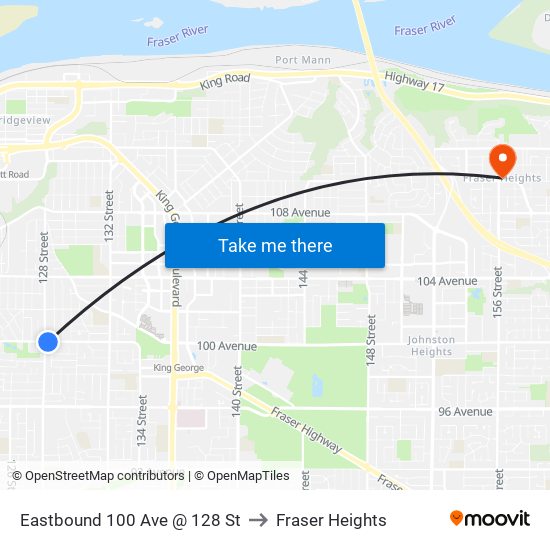 Eastbound 100 Ave @ 128 St to Fraser Heights map