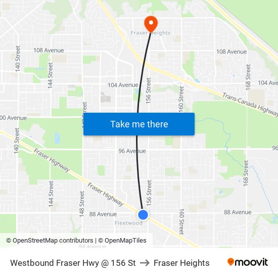 Westbound Fraser Hwy @ 156 St to Fraser Heights map