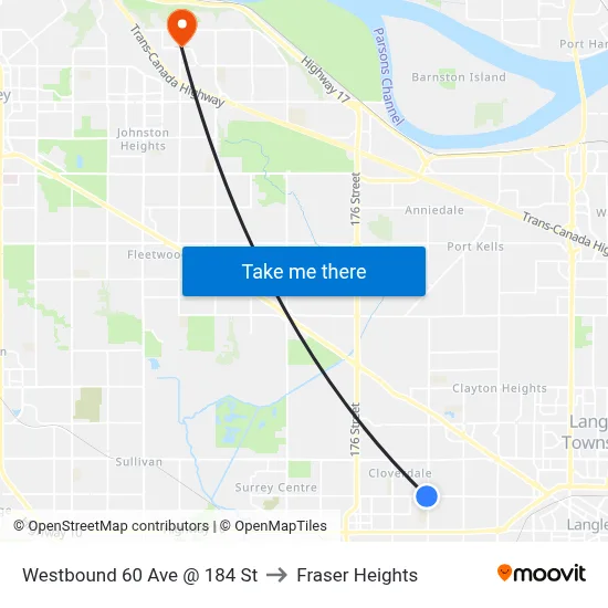 Westbound 60 Ave @ 184 St to Fraser Heights map