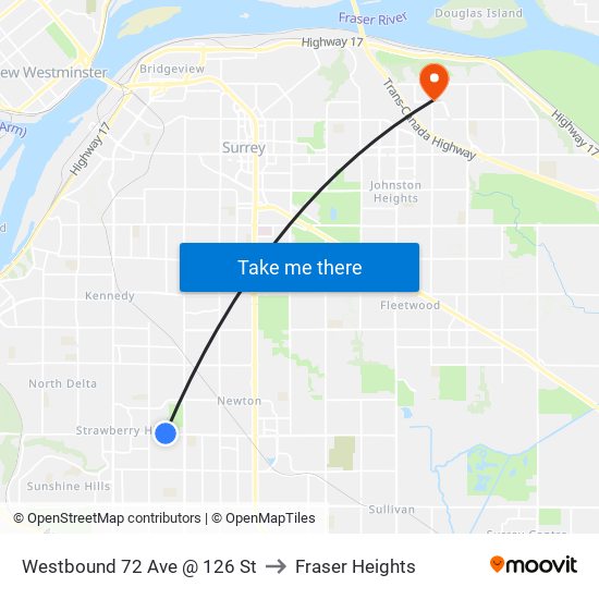 Westbound 72 Ave @ 126 St to Fraser Heights map