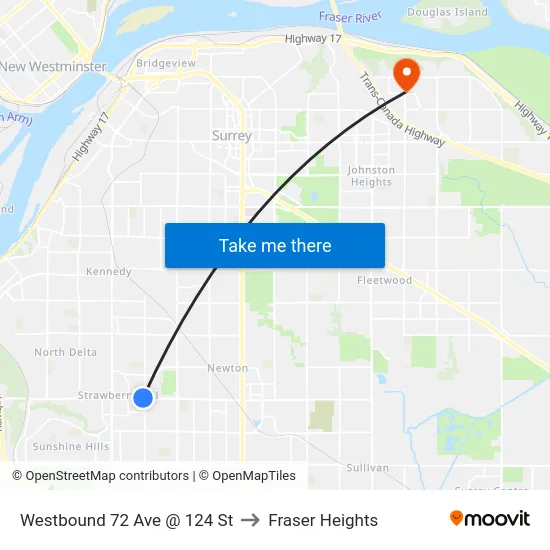 Westbound 72 Ave @ 124 St to Fraser Heights map