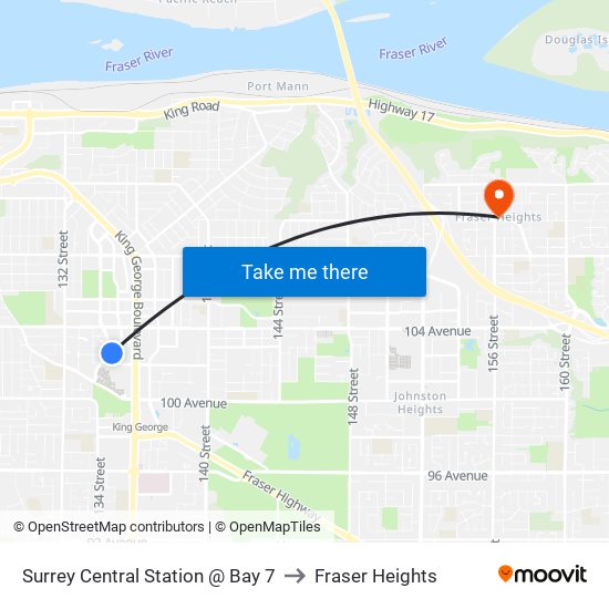 Surrey Central Station @ Bay 7 to Fraser Heights map