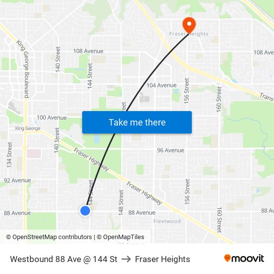 Westbound 88 Ave @ 144 St to Fraser Heights map