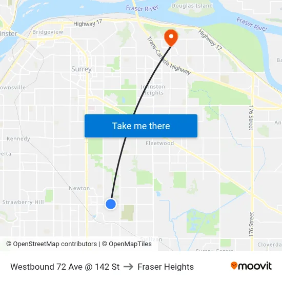 Westbound 72 Ave @ 142 St to Fraser Heights map