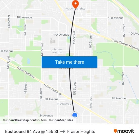 Eastbound 84 Ave @ 156 St to Fraser Heights map