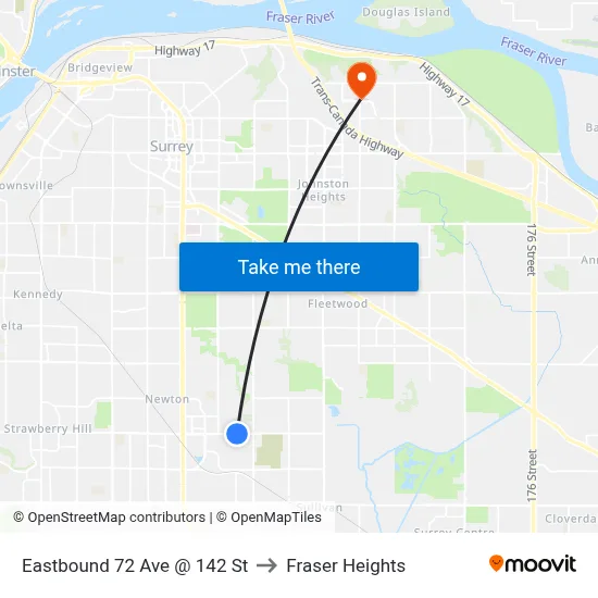 Eastbound 72 Ave @ 142 St to Fraser Heights map