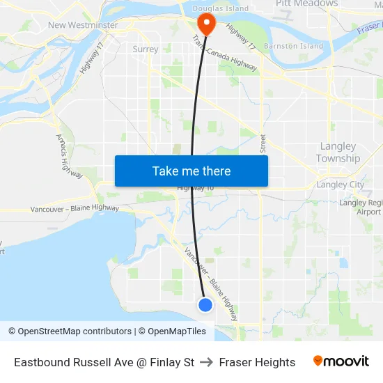 Eastbound Russell Ave @ Finlay St to Fraser Heights map